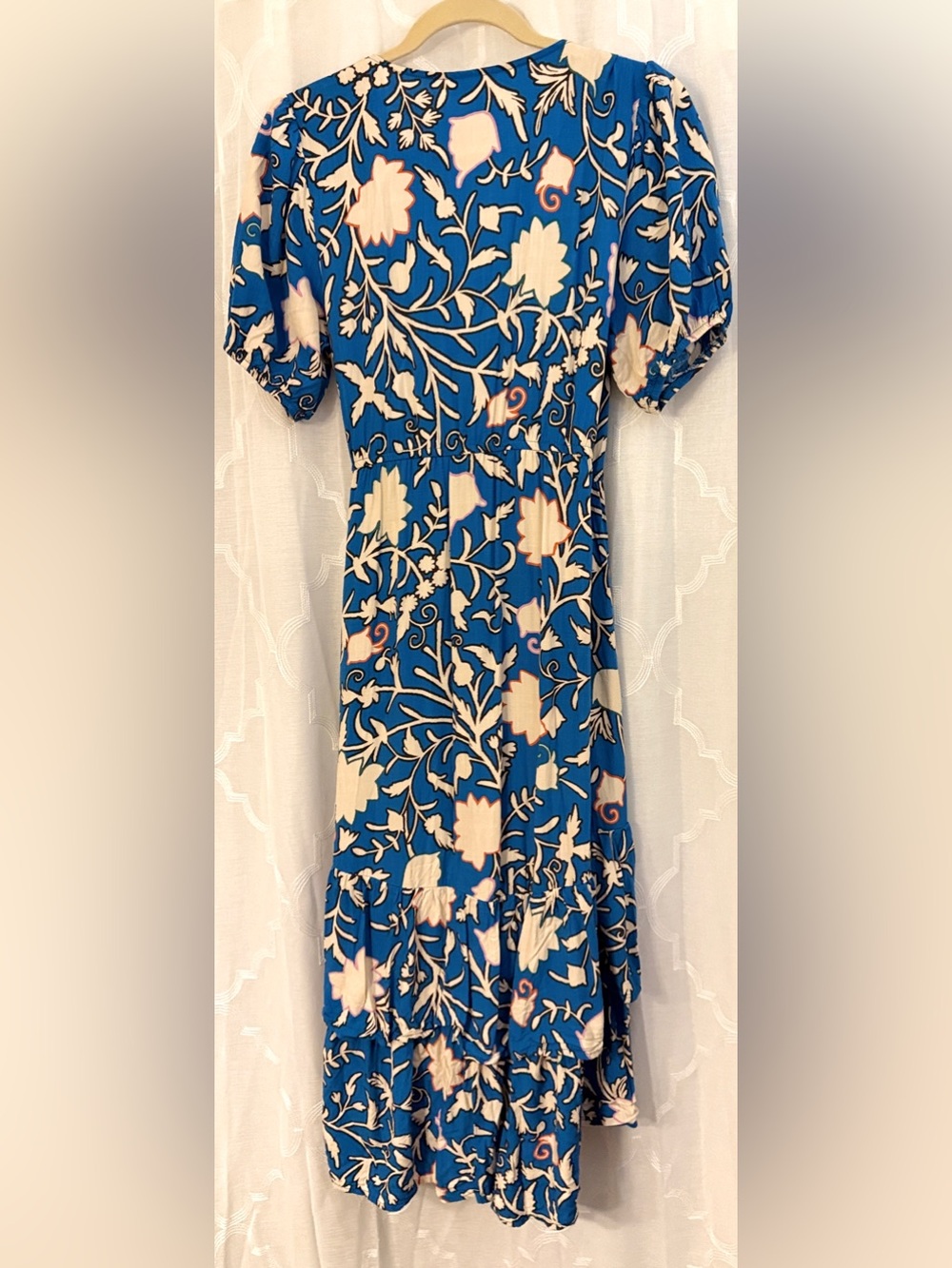 Knox Rose Blue Floral Wrap Dress Boho Ruffle Tie Waist Midi Dress Size Medium - Picture 14 of 16